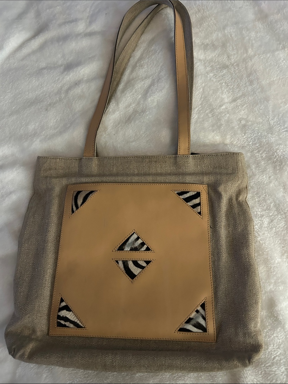 Neutral Tan Canvas Tote with Tan Leather Panel and Zebra Accent